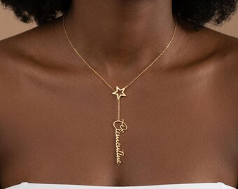 Lariat Star Name Necklace • Star Drop Name Necklace • Personalized Vertical Name Charm • Dainty Gold Silver Rose Gold • Gift for Her
