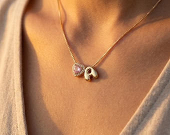 Pink Heart Initial Necklace Gold | Bubble Letter Heart Charm Necklace | Cute Personalized Gift Her