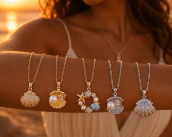 Seashell Pearl Necklace Gold Silver | CZ Shell Starfish Pendant | Customizable Summer Jewelry