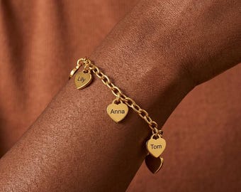 Customized Heart Charm With Engraved Name Bracelet • Personalized Engraved Family Bracelet • Mom Gift Children Name Jewelry