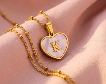 Pink Heart Initial Necklace Gold | Shell Letter Heart Pendant | Dainty Personalized Gift for Her