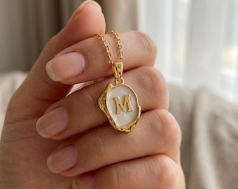 White Shell Initial Necklace Gold | Custom Organic Enamel Letter Pendant | Personalized Gift for Her