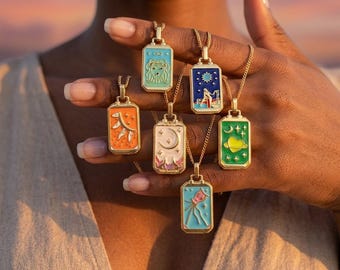 Enamel Tarot Charm Pendant, Gold Plated Brass Celestial Jewelry (14mm x 23mm)