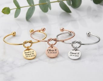 Engraved Disc Bangle Bracelet Gold | Custom Name Date Knot Cuff | Personalized Family Gift for Her