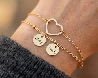 Mom Heart Charm Bracelet Gold Silver | Personalized Disc Name Bracelet | Family Kids Gift for Her