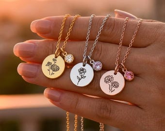 Personalized Birth Flower Necklace with Birthstone | Custom Engraved Disc Pendant Jewelry