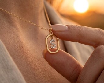 CZ Initial Necklace Gold Octagon Frame | Dangling Letter Pendant Gold | Personalized Gift for Her