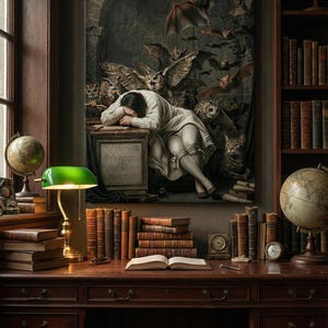 Puede incluir: Un escritorio de madera oscura con una lámpara verde, libros y globos. Una pintura enmarcada representa a una persona dormida con murciélagos y búhos. La pintura tiene el texto "El sueño de la razón produce monstruos".