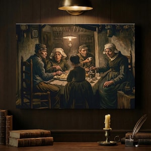 May include: A framed painting depicts a family gathered around a table, illuminated by a hanging lamp. The artwork features muted tones, with figures in period clothing. A candle in a brass holder and books sit on a wooden surface below the painting, creating a vintage aesthetic.