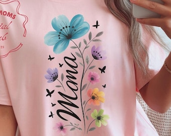 Mama Floral Butterfly Graphic Tee: Colorful Flower Design, Feminine Top