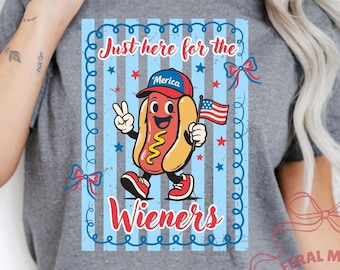 Patriotic Hot Dog Character T-Shirt | Just Here for the Wieners Tee
