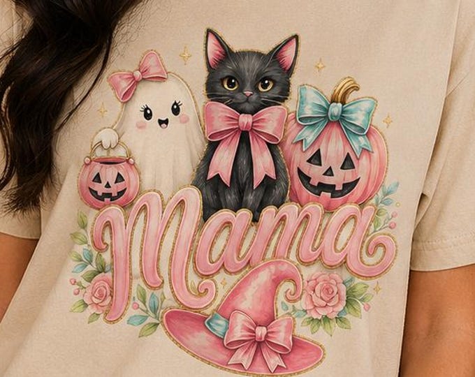 Halloween Mama Shirt, Coquette Ghost Pumpkin Tee, Pink Bow Witch Hat Comfort Colors