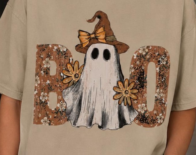 Boho Ghost Halloween Shirt, Vintage Witch Hat, Comfort Colors Tee, Spooky Fall Graphic