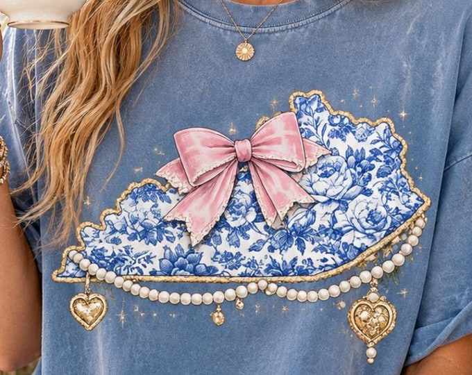 Kentucky Floral Bow Graphic Tee, Blue Toile Grandmillennial Style Shirt