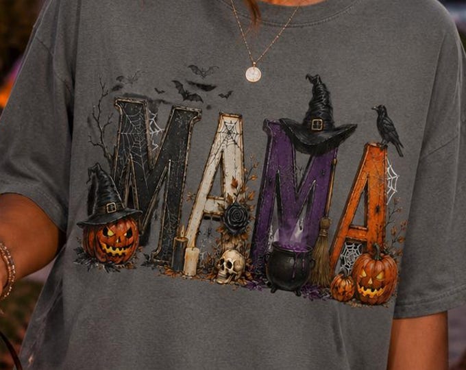Spooky Mama Halloween Shirt, Pumpkin Witch Graphic Tee, Comfort Colors Fall Top