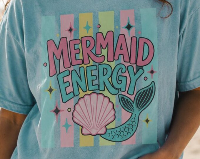 Mermaid Energy Comfort Colors Tee, Retro Pastel Beach Shirt