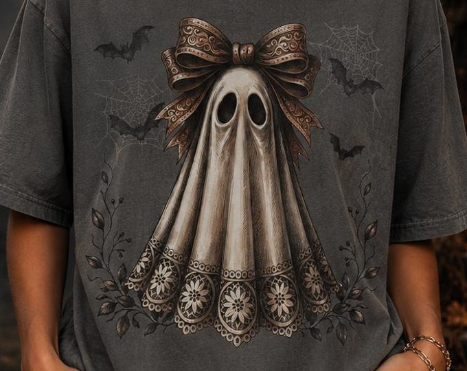 Coquette Ghost Halloween Shirt, Vintage Bow Ghost Cottagecore Tee, Comfort Colors Granite