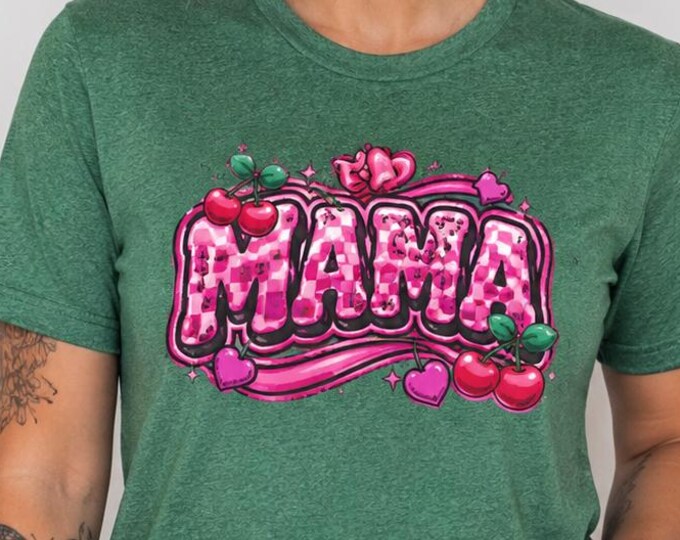 Cherry Mama Graphic Tee, Coquette Mom Shirt, Trendy Pink Bow Cherry Bella Canvas 3001