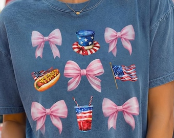 Comfort Colors 1717 Patriotic Coquette Shirt, Pink Bows Fourth of July Tee