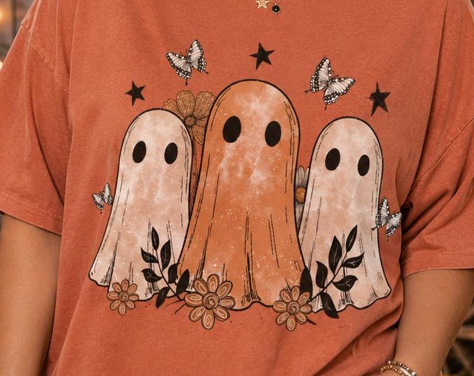 Whimsical Ghost Halloween Shirt, Terracotta Comfort Colors Tee, Boho Fall Graphic