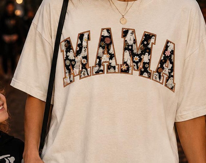 Mama Halloween Shirt, Ghost Daisies Pumpkins Graphic Tee, Spooky Fall Comfort Colors