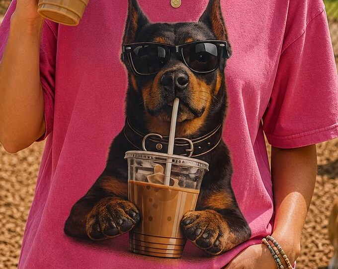 Doberman Iced Coffee Graphic Tee, Dog Mom Comfort Colors Shirt