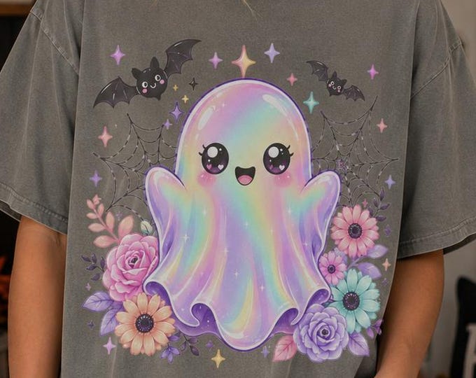 Rainbow Ghost Halloween Shirt, Pastel Floral Bats Graphic Tee, Comfort Colors Granite T-Shirt
