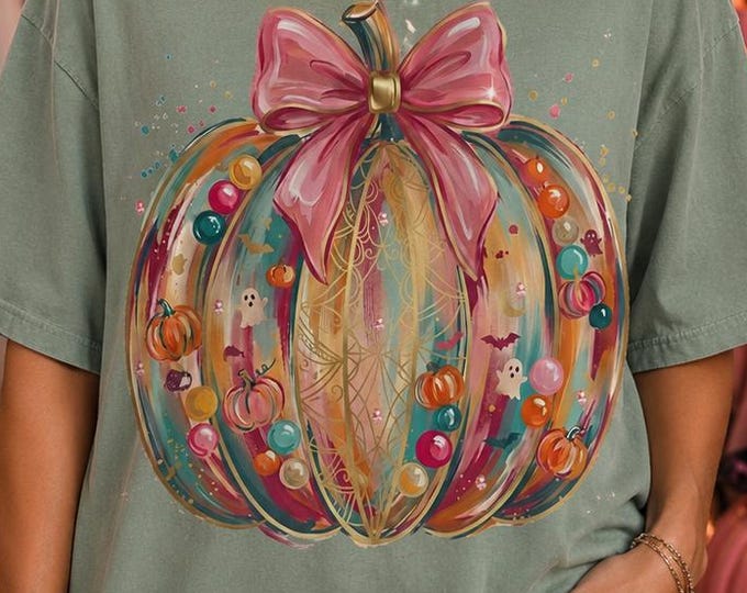Coquette Halloween Pumpkin Shirt, Pink Bow Graphic Tee, Comfort Colors Sage, Feminine Fall Graphic