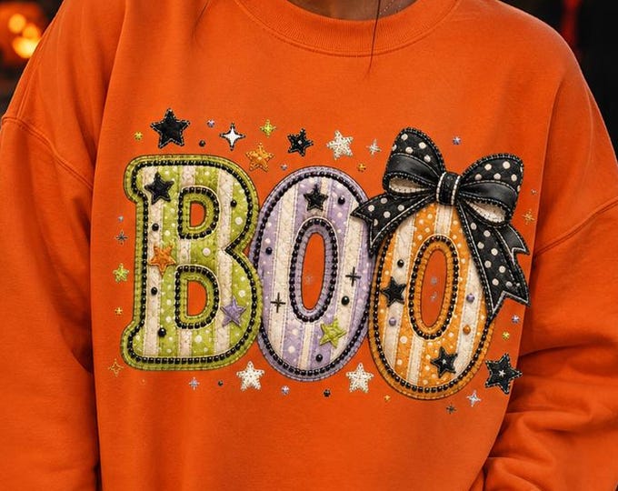 Halloween BOO Sweatshirt, Patchwork Bow, Orange Crewneck, Spooky Fall Fashion