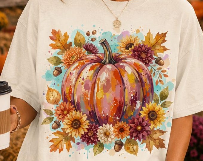Watercolor Pumpkin Floral Shirt, Autumn Leaves Graphic Tee, Cozy Fall Outfit