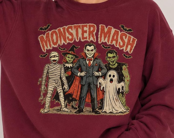 Monster Mash Halloween Sweatshirt, Retro Monsters Spooky Season Crewneck