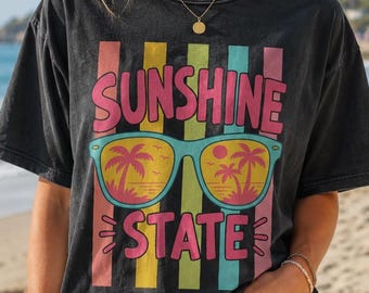 Retro Sunshine State Graphic Tee, Vintage Coastal Beach Shirt, Comfort Colors Summer Vacation Apparel