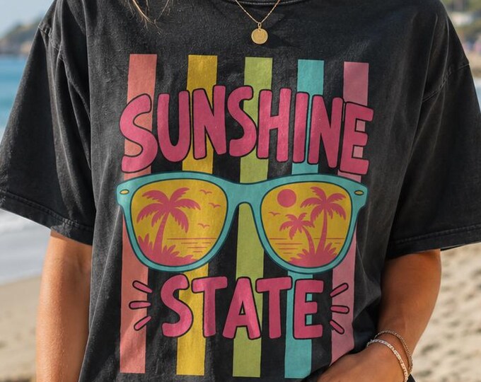 Retro Sunshine State Graphic Tee, Vintage Coastal Beach Shirt, Comfort Colors Summer Vacation Apparel