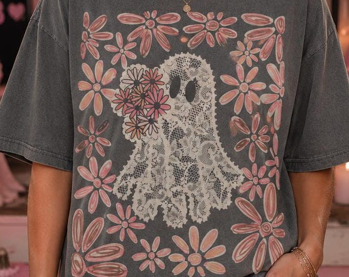 Coquette Lace Ghost Floral Halloween Shirt, Comfort Colors Garment-Dyed Tee