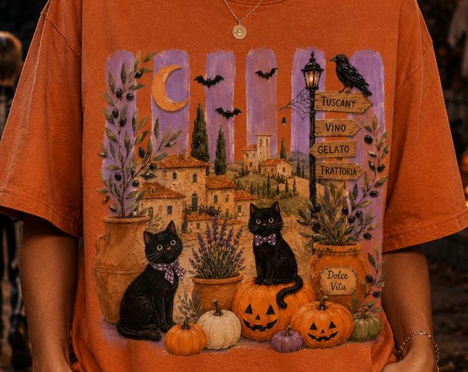 Halloween Cat Shirt, Tuscan Village Graphic Tee, Comfort Colors Burnt Orange, Spooky Season Apparel