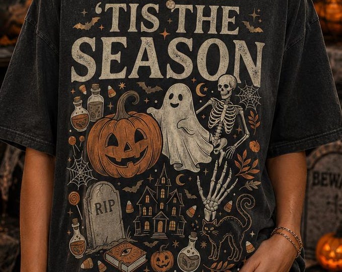 Tis The Season Halloween Shirt, Vintage Ghost Pumpkin Skeleton Graphic Tee