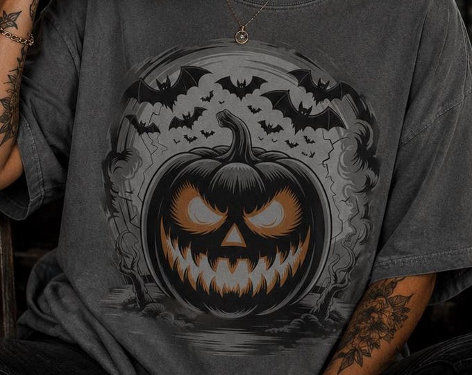 Sinister Jack O Lantern Shirt, Gothic Bats Halloween Graphic Tee, Comfort Colors Pumpkin Top