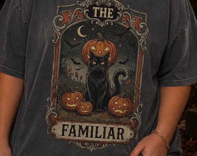 Black Cat Familiar Halloween Comfort Colors Tee, Gothic Witchy Graphic