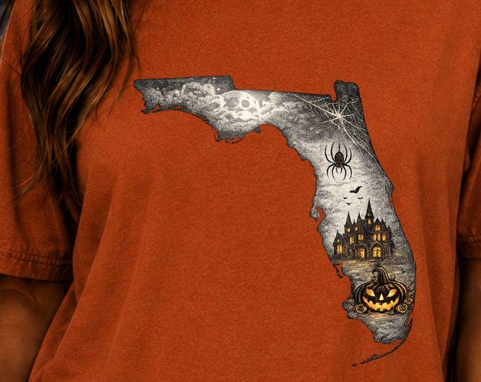 Haunted Florida Outline Graphic Tee, Spooky Halloween Pumpkin Comfort Colors Shirt