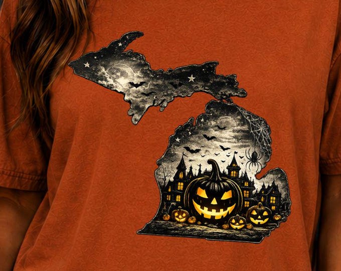 Michigan Halloween Shirt, Spooky Season Graphic Tee, Haunted Village Pumpkins