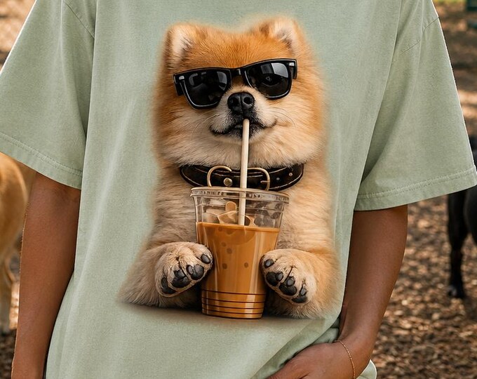 Pomeranian Iced Coffee Graphic Tee, Dog Mom Comfort Colors Shirt