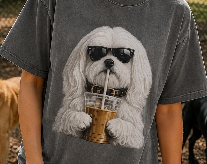 Maltese Dog Iced Coffee Shirt | Comfort Colors Granite Graphic Tee