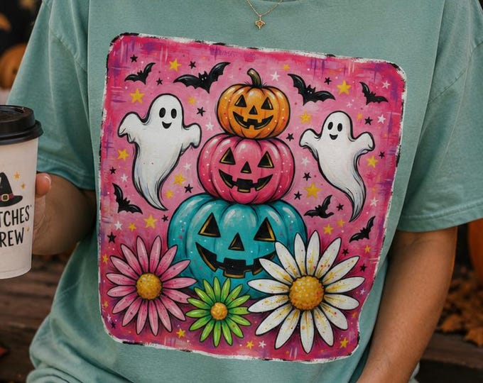 Halloween Pumpkin Ghost Shirt, Pink Spooky Season Graphic Tee