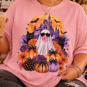 Ghost Bubble Gum Halloween Shirt, Pink Castle, Black Cats, Pumpkins, Comfort Colors Tee