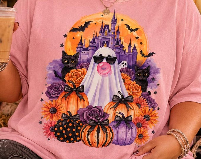Ghost Bubble Gum Halloween Shirt, Pink Castle, Black Cats, Pumpkins, Comfort Colors Tee