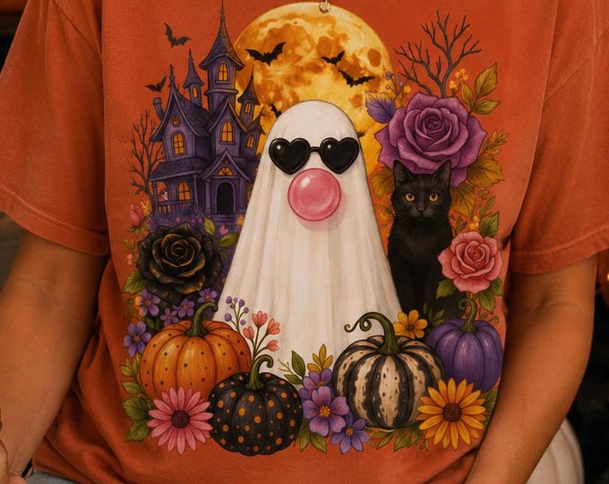 Ghost Bubblegum Halloween Shirt, Spooky Haunted House Black Cat Tee