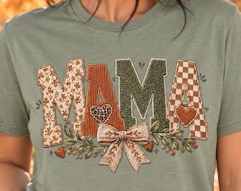 Fall Mama Patchwork Tee: Floral, Gingham, Bow Design (Bella+Canvas 3001)
