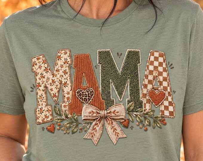 Fall Mama Patchwork Tee: Floral, Gingham, Bow Design (Bella+Canvas 3001)