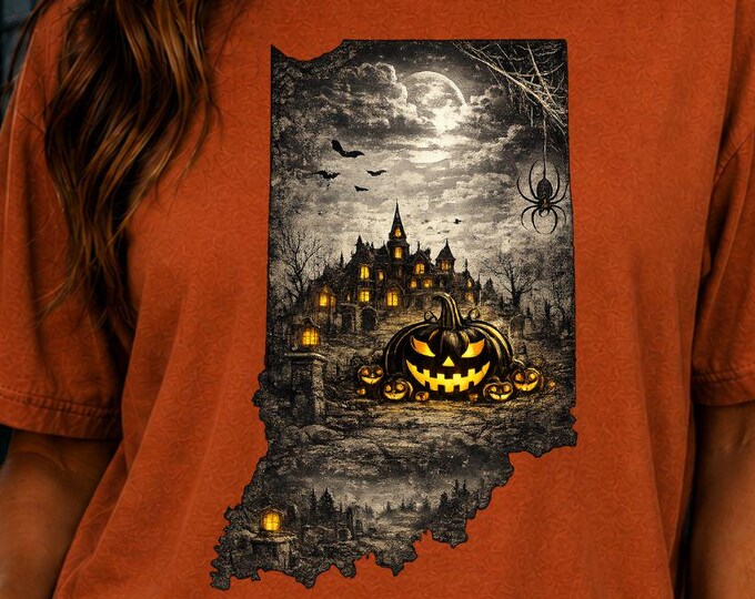 Indiana Halloween Haunted House Graphic Tee, Spooky Fall Comfort Colors Shirt