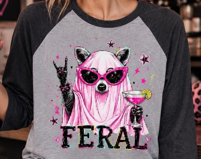 Feral Raccoon Ghost Raglan, Halloween Trash Panda Tee, Spooky Cocktail Shirt